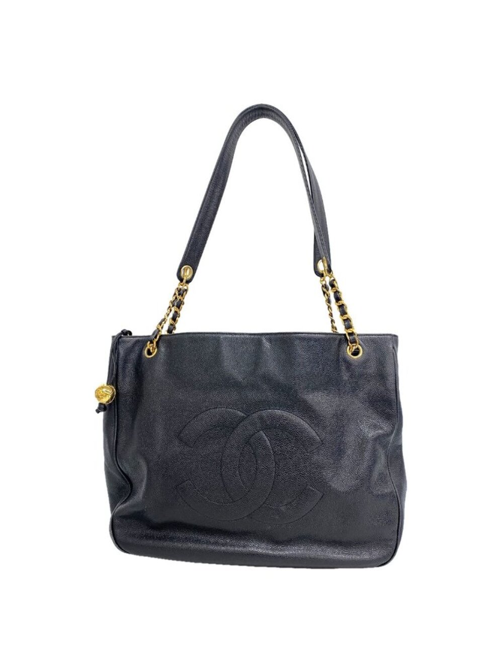 Chanel Chain Tote Bag Caviar Leather Black Gold